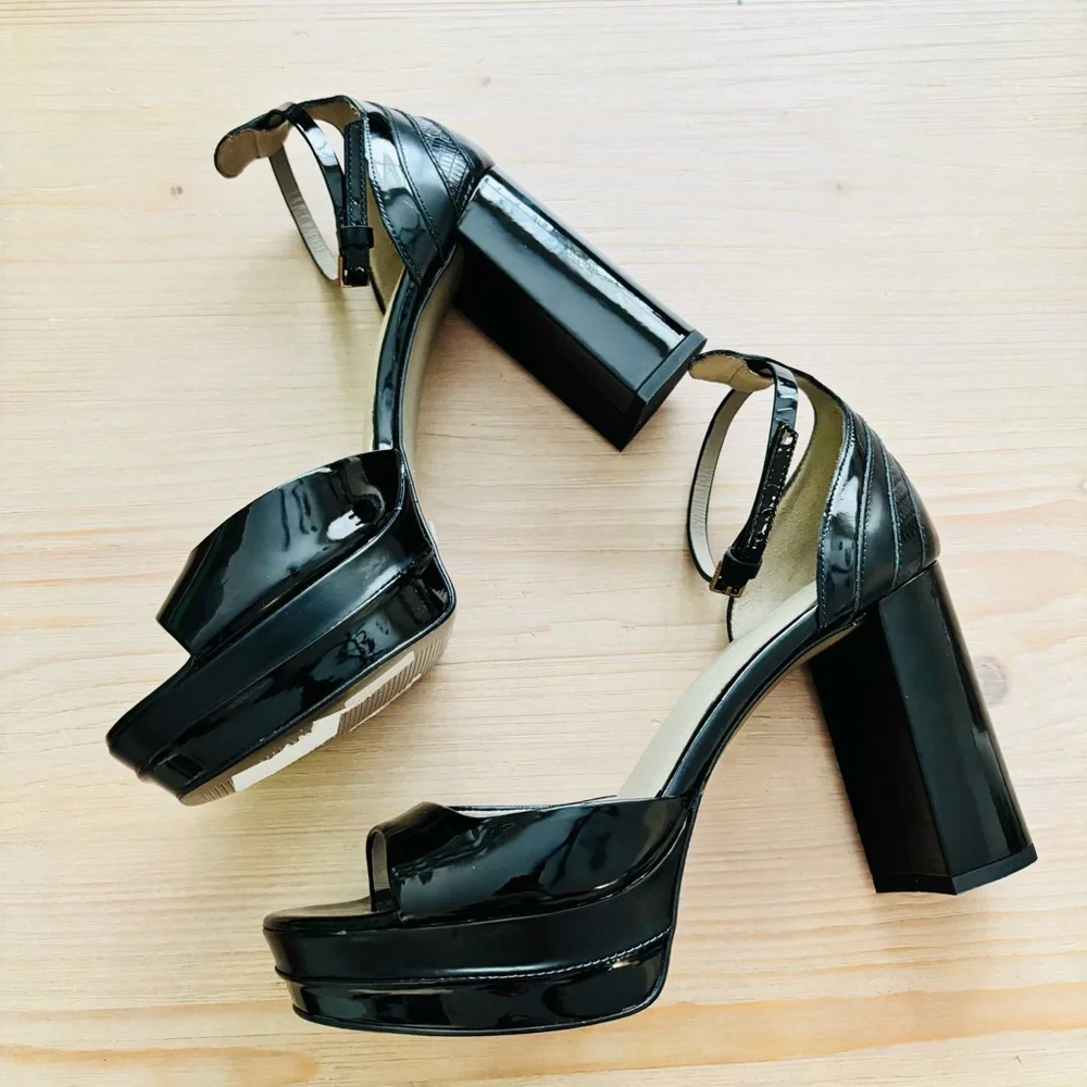 All Saints Tia Glossy Black Platform Heel Sandals Size 10M‎ WF571Z